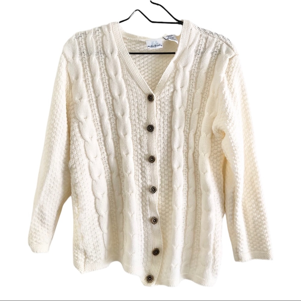 Cream v-neck cable-knit button front cardigan sweater